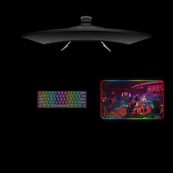 Medium size RGB lit gamer mouse pad with "Cyberpunk bar" printed design