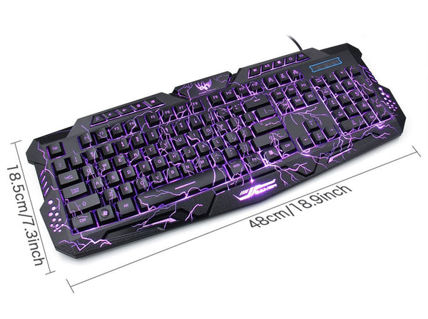 Backlit Crack Design Gaming Keyboard USB Wired 3 Color Breathing LED Lights, English/Russian Layout