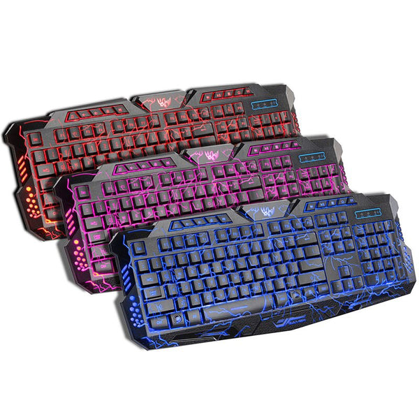 Backlit Crack Design Gaming Keyboard USB Wired 3 Color Breathing LED Lights, English/Russian Layout