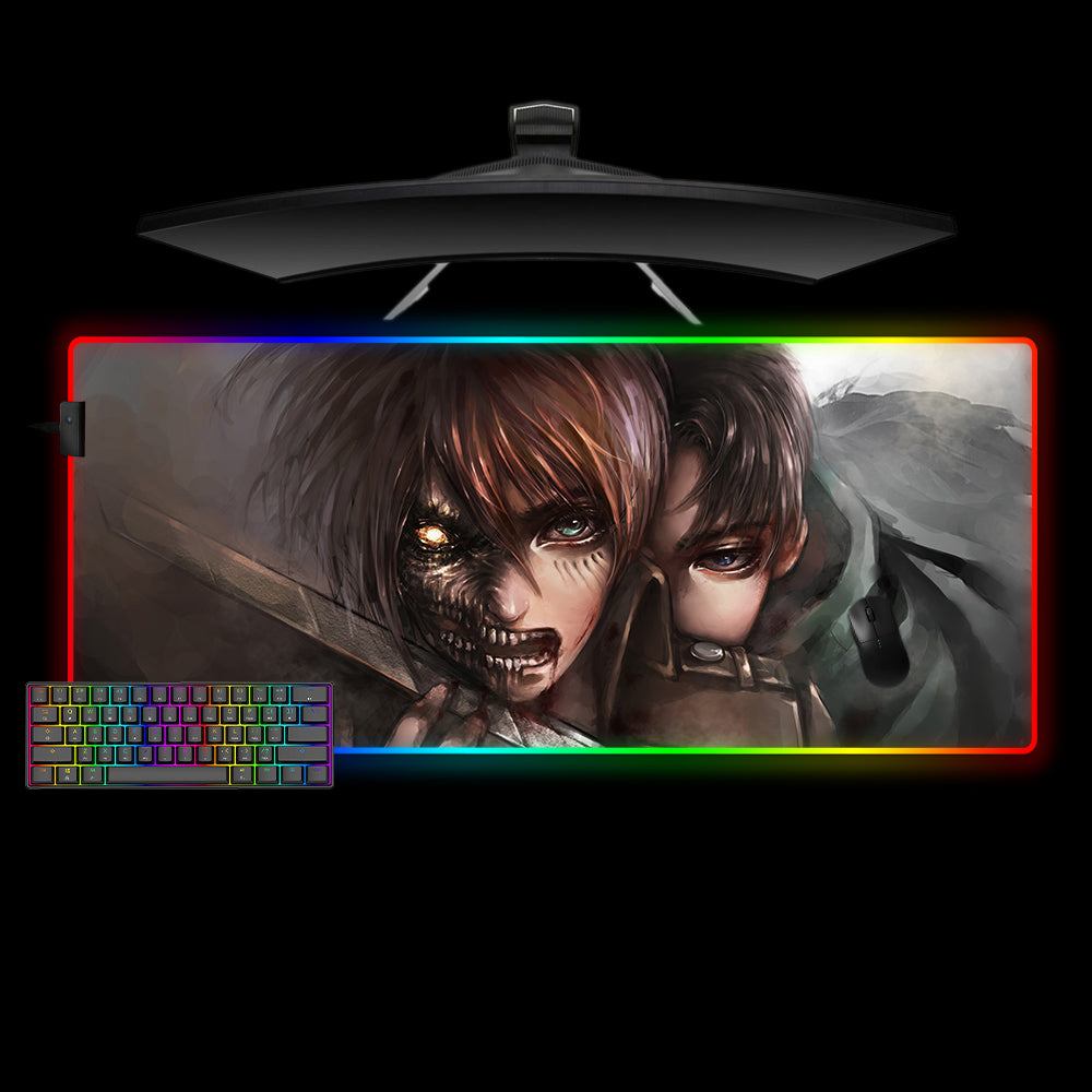 Attack on Titan Eren, Levi Design XL Size RGB Backlit Gaming Mouse Pad, Computer Desk Mat