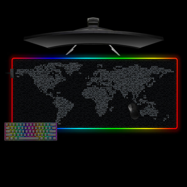 Binary World Map Design XXL Size RGB Lighting Gamer Mouse Pad, Computer Desk Mat