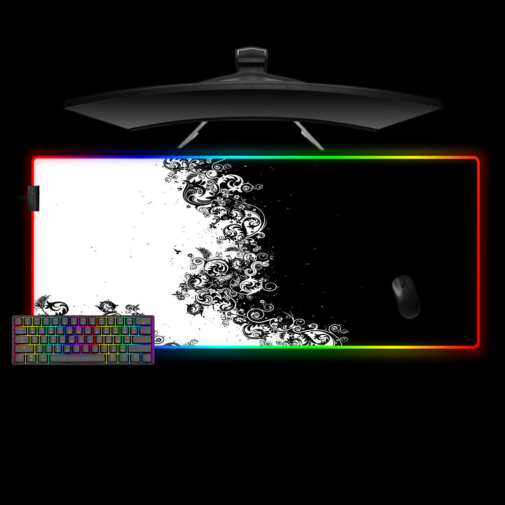 Black & White Floral Design M-XXL Size RGB Gaming Mouse Pad, Computer Desk Mat