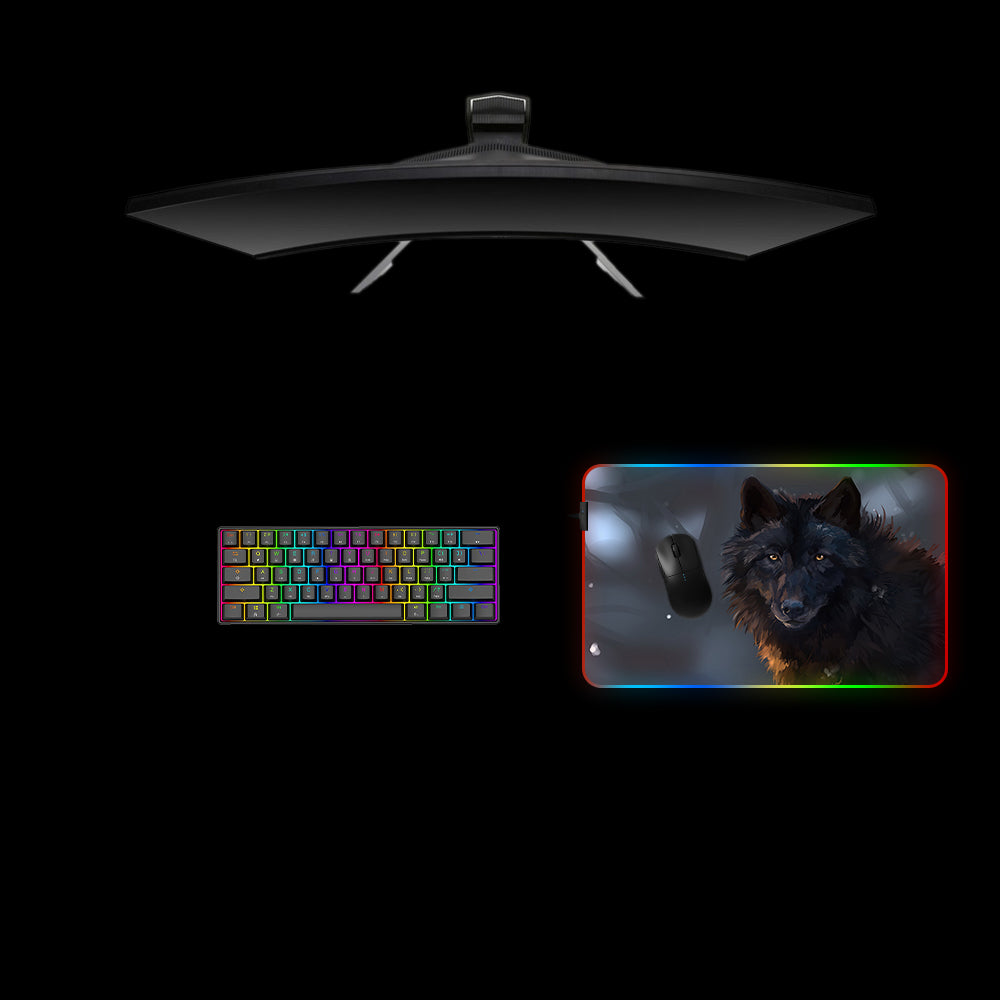 Black Wolf Design Medium Size RGB Illuminated Gaming Mouse Pad, Computer Desk Mat