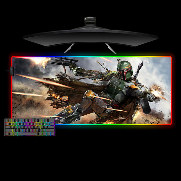 Large size RGB lit gamer mouse pad with Boba Fett printed design