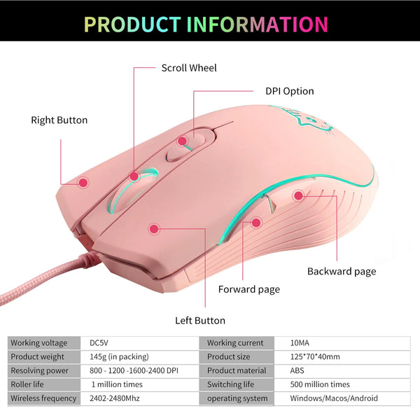 Catto USB Wired Gaming Mouse Backlit 2400 DPI Specifications