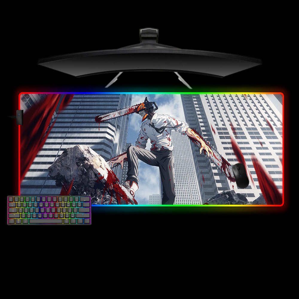XXL size RGB lit gamer mousepad with Chainsaw Man Denji Blood printed design