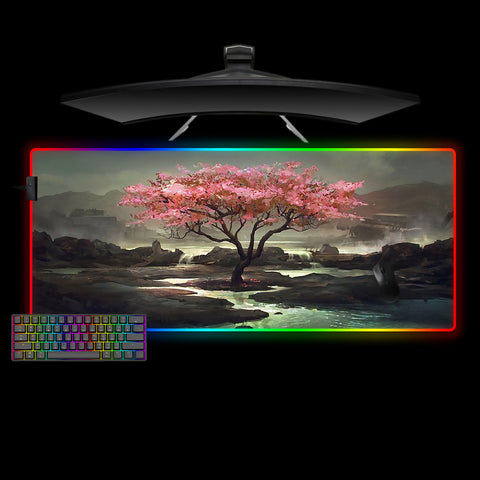 Cherry Blossom Tree Design XXL Size RGB Light Gamer Mouse Pad, Computer Desk Mat