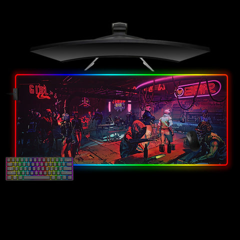 Large size RGB lit gamer mouse pad with "Cyberpunk bar" printed design