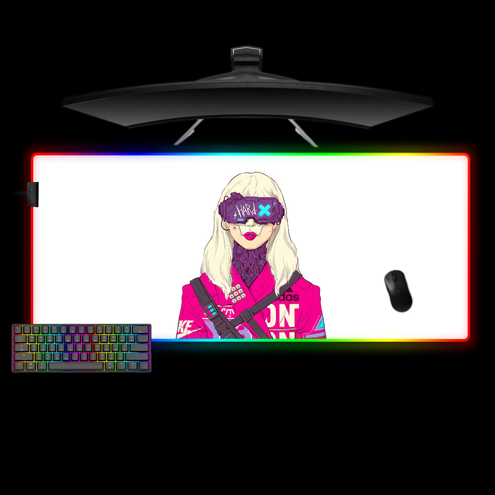 Cyberpunk Blonde Girl Design XL Size RGB Light Gamer Mouse Pad, Computer Desk Mat