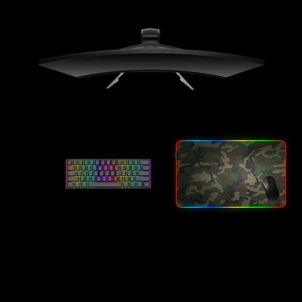 Dark Woodland Camouflage Design Medium Size RGB Backlit Gaming Mouse Pad, Computer Desk Mat