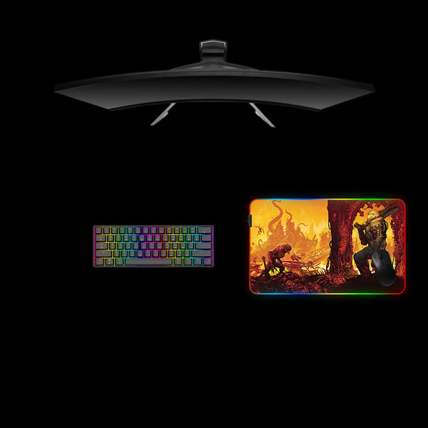 Medium size RGB illuminated gamer mouse pad with Doom hell on earth printed design