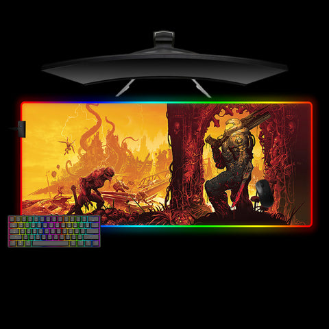 Large size RGB illuminated gamer mouse pad with Doom hell on earth printed design