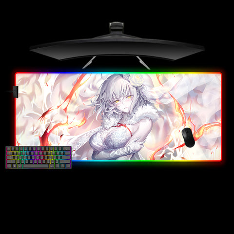 XL Size RGB Backlit Mouse Pad with Fate Grand Order Jeanne d'Arc White Printed Design