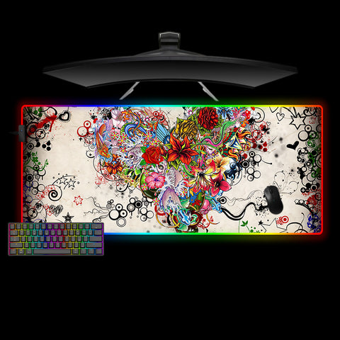 Floral Heart Design XXL Size RGB Lit Gamer Mouse Pad, Computer Desk Mat