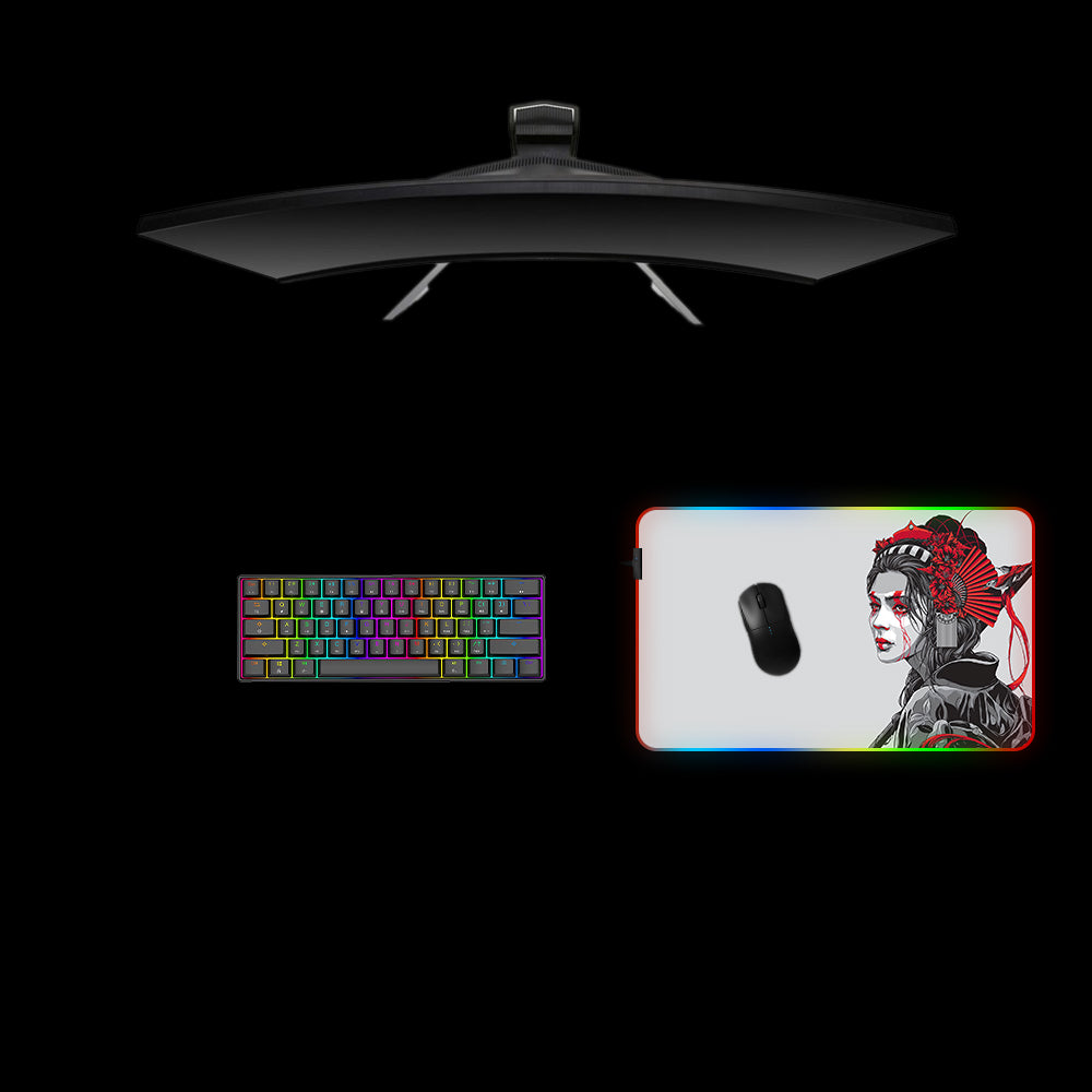 Medium size RGB lit gamer mouse pad with geisha art design