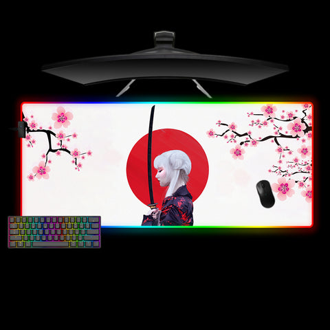 XXL size RGB illuminated gamer mouse pad with geisha with katana printed design