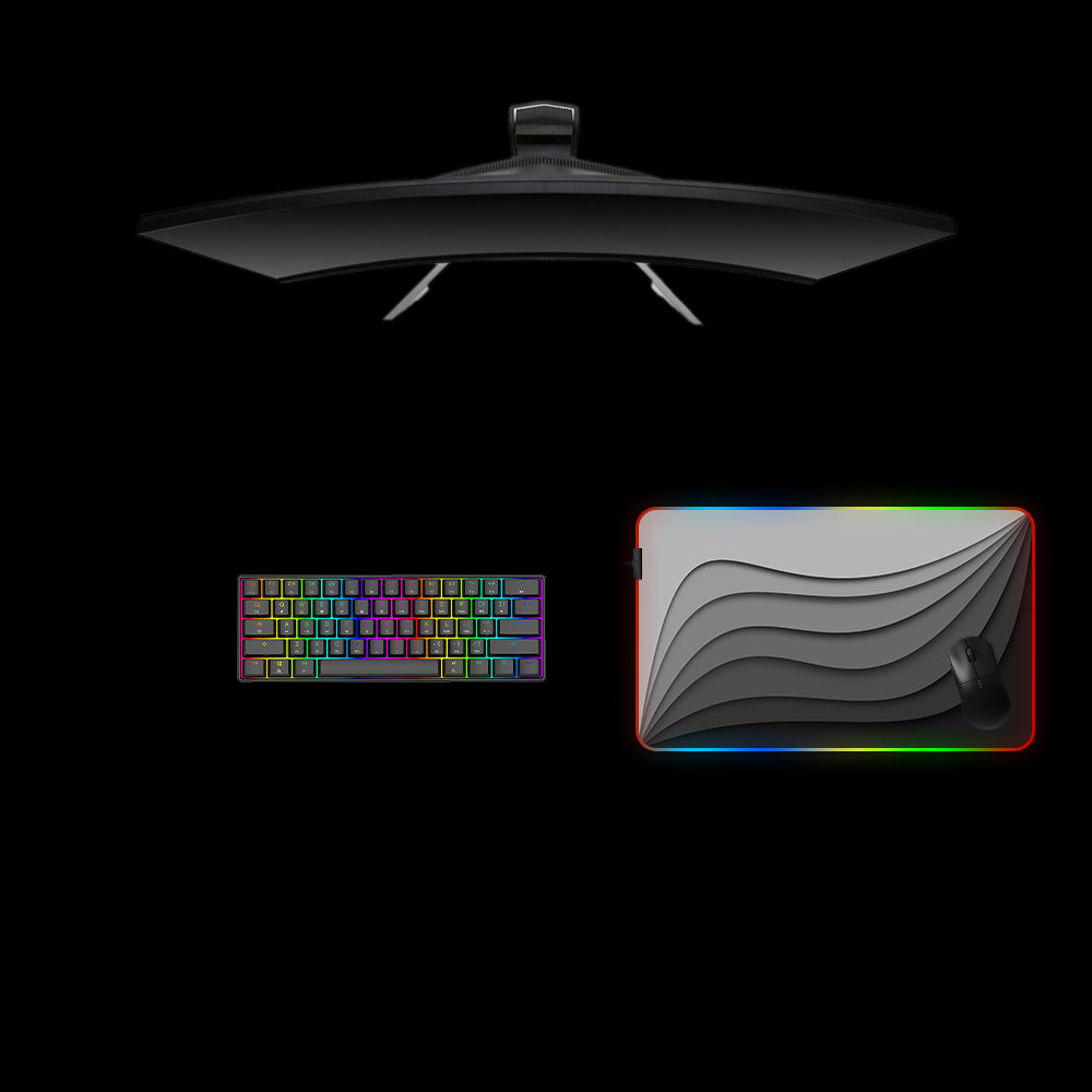 Grayscale Waves Design Medium Size RGB Lit Gamer Mouse Pad, Computer Desk Mat