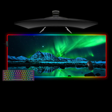 Green Aurora Borealis Design XL Size RGB Backlit Gaming Mouse Pad, Computer Desk Mat