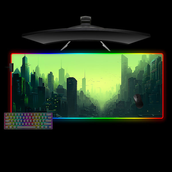 Green Cityscape Design Large Size RGB Lighting Gaming Mousepad, Computer Desk Mat