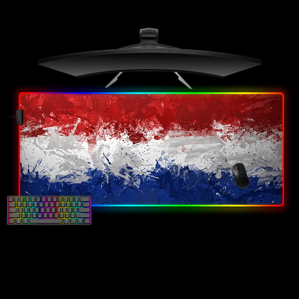 Holland Flag Splash Paint Design XXL Size RGB Light Gamer Mouse Pad, Computer Desk Mat