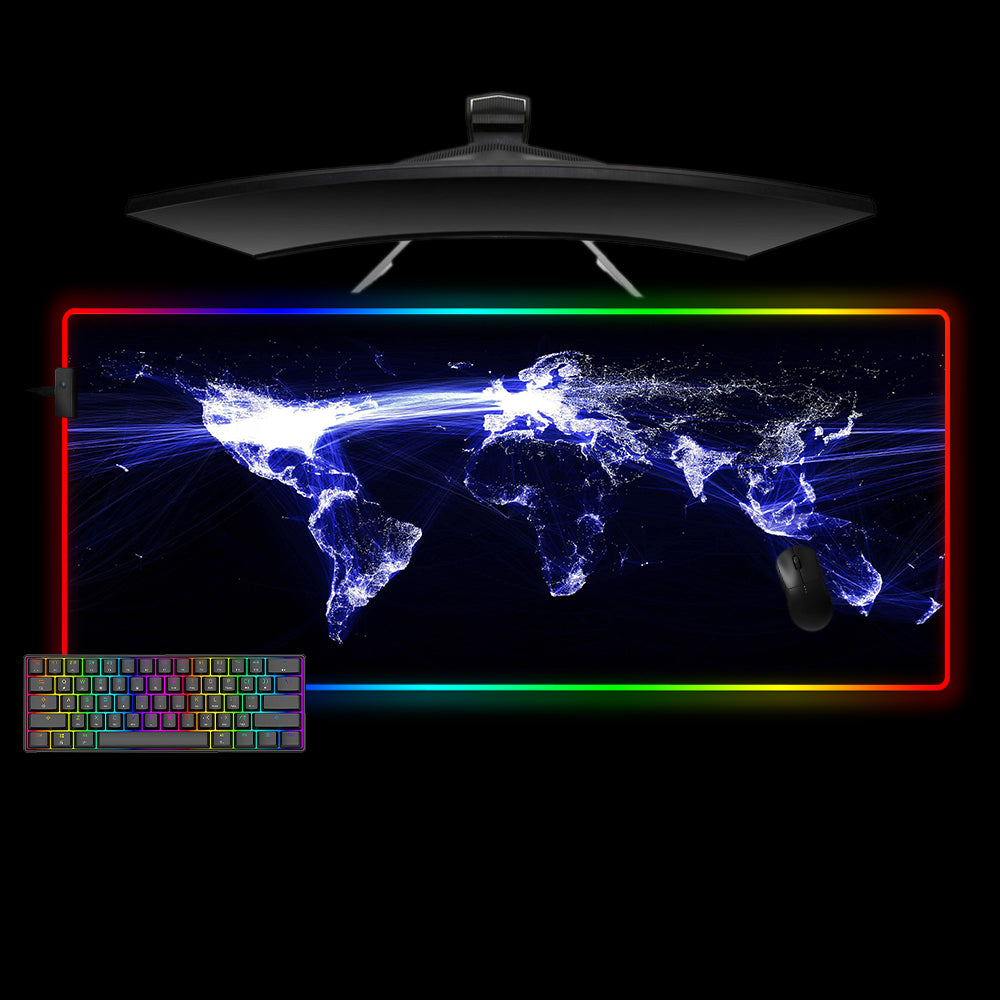 Information Exchange World Map Design XL Size RGB Light Gaming Mouse Pad, Computer Desk Mat