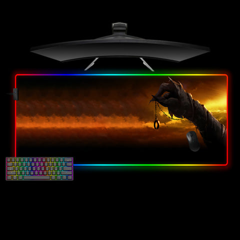 Large size RGB lit gamer mouse pad with "LOTR in wrong hands" printed design
