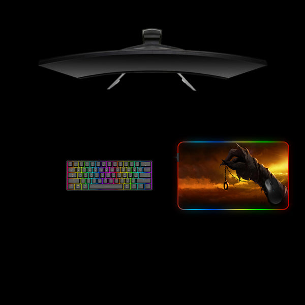 Medium size RGB lit gamer mouse pad with "LOTR in wrong hands" printed design