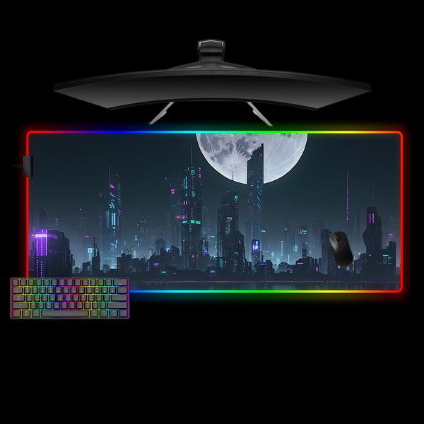 Moonlit Cyberpunk City Design Large Size RGB Light Gaming Mouse Pad