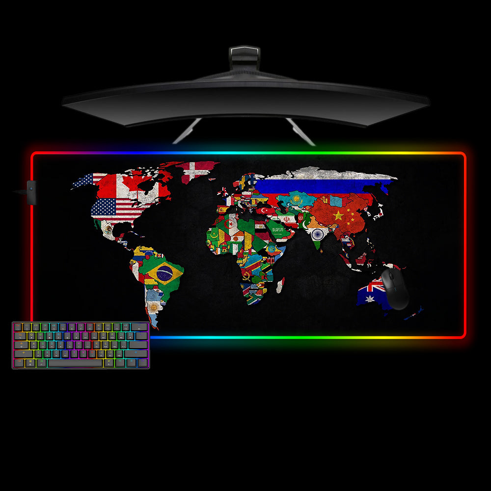 National Flags World Map Design XL Size RGB Light Gamer Mouse Pad, Computer Desk Mat