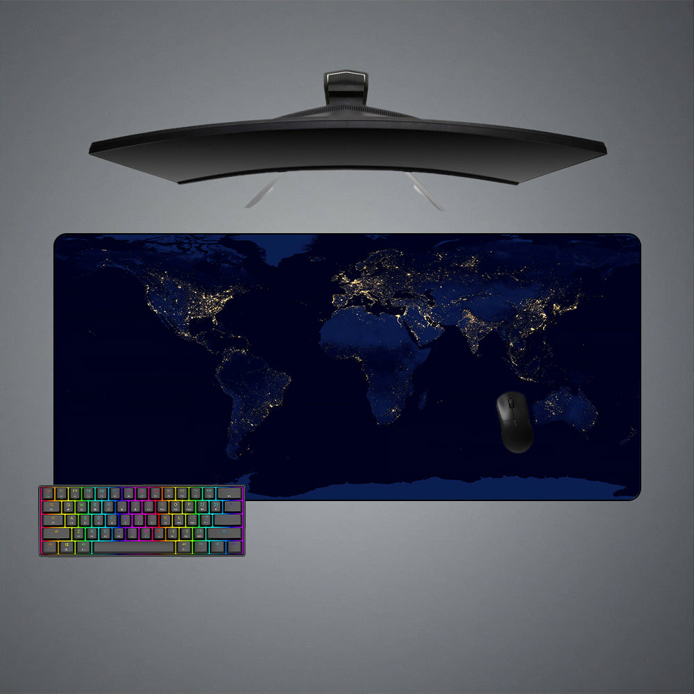 Night Time World Map Design XL Size Gamer Mouse Pad, Computer Desk Mat