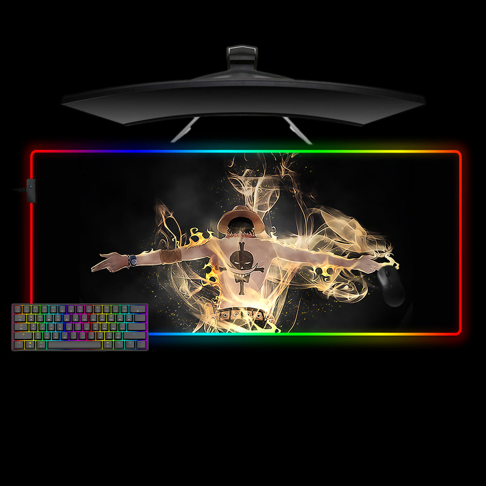 One Piece Ace Flames Design XL Size RGB Backlit Gaming Mouse Pad, Computer Desk Mat