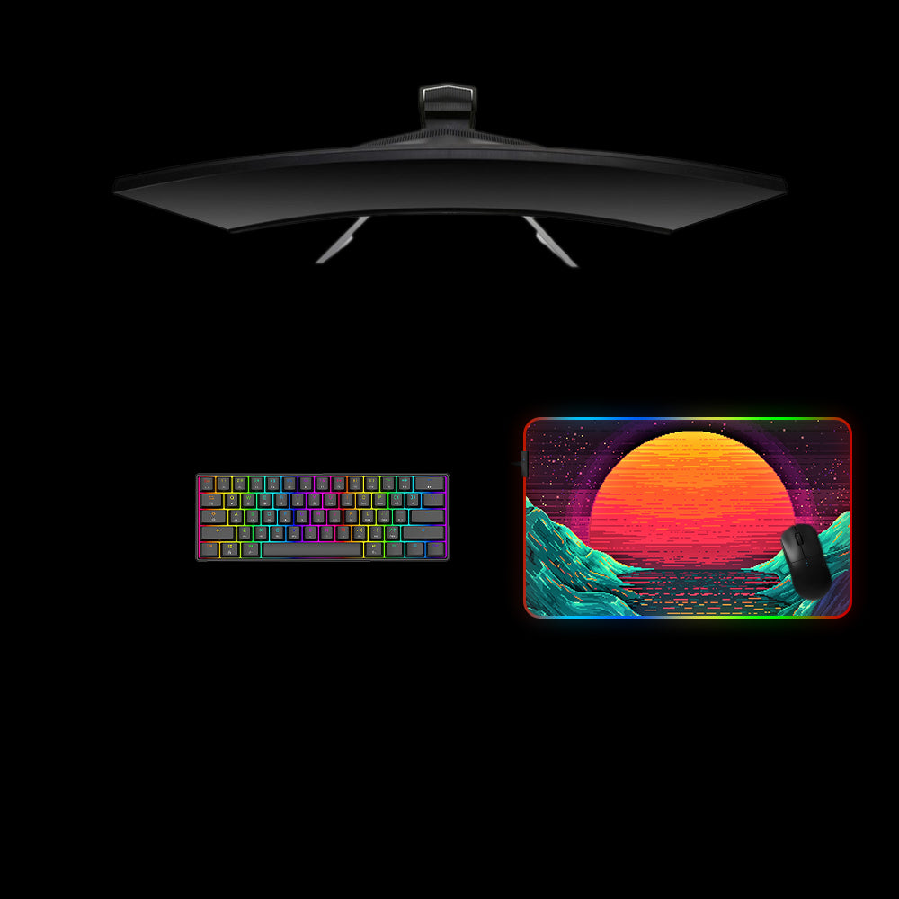 Pixel Wave Sun Design Medium Size RGB Lit Gamer Mouse Pad, Computer Desk Mat