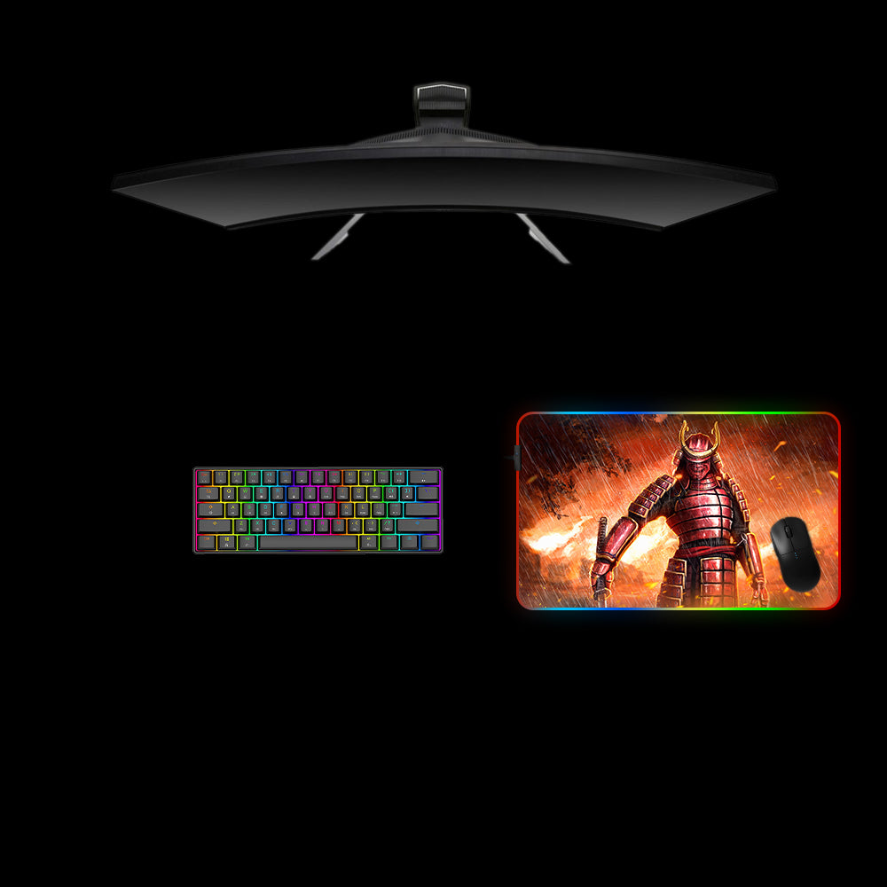 Red Armor Samurai Design Medium Size RGB Lighting Gamer Mouse Pad, Computer Desk Mat