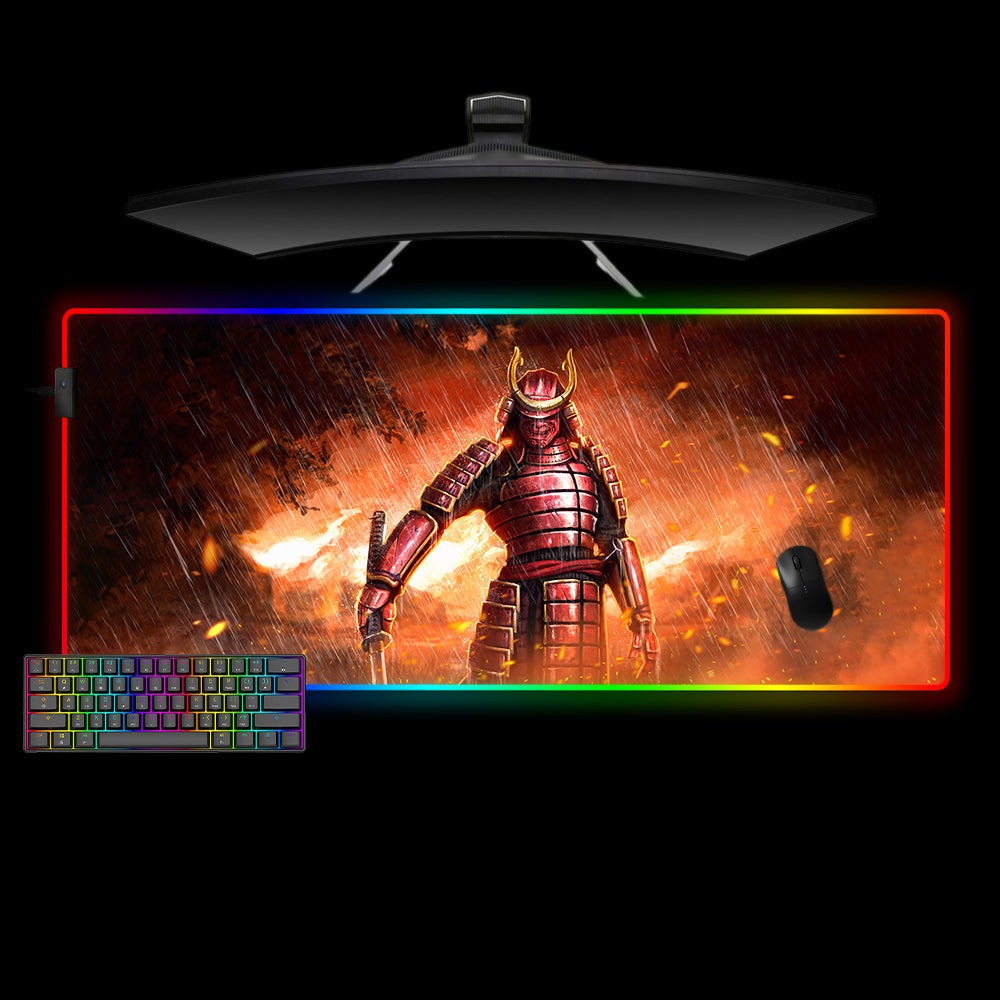 Red Armor Samurai Design XL Size RGB Lighting Gamer Mouse Pad, Computer Desk Mat