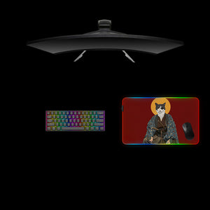 Samurai Cat Design Medium Size RGB Lighting Gamer Mouse Pad, Computer Desk Mat