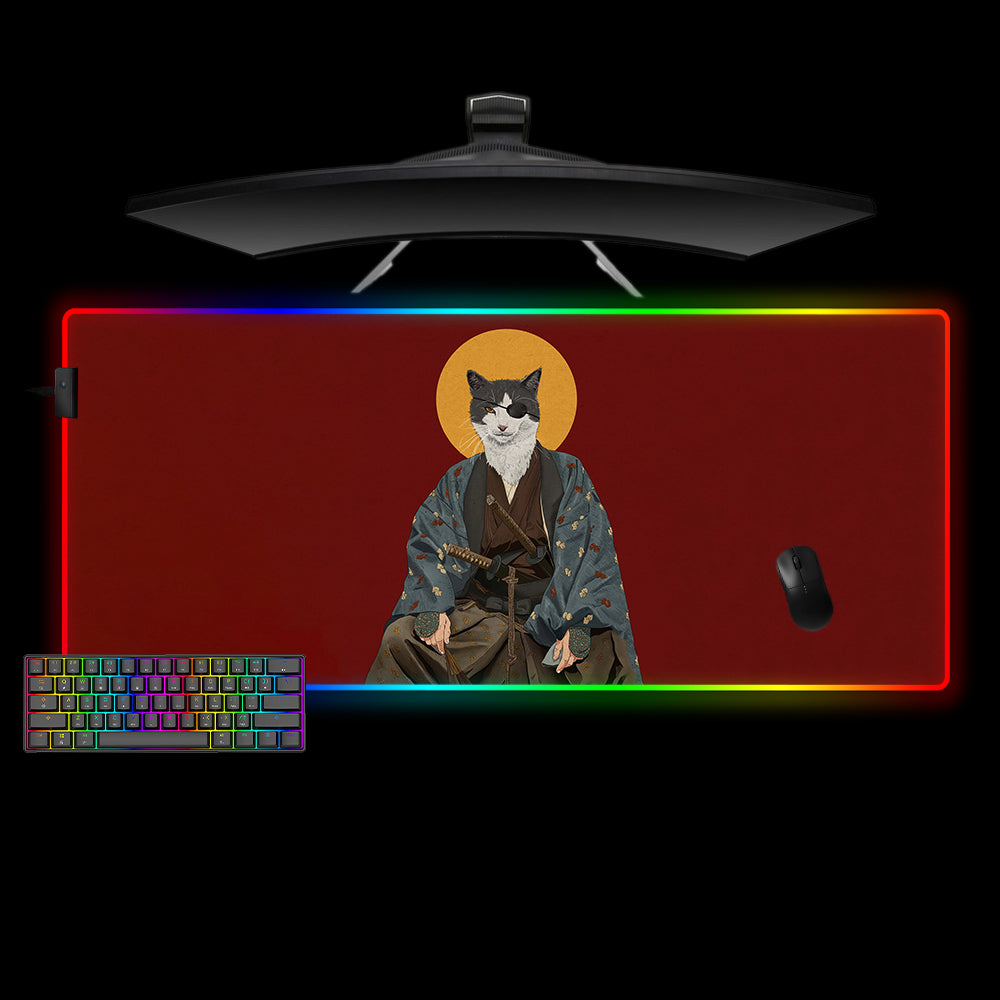 Samurai Cat Design XL Size RGB Lighting Gamer Mouse Pad, Computer Desk Mat