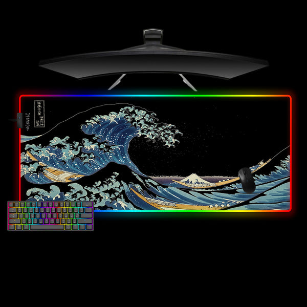 The Great Wave Black Design XL Size RGB Illuminated Gaming Mouse Pad, Computer Desk Mat