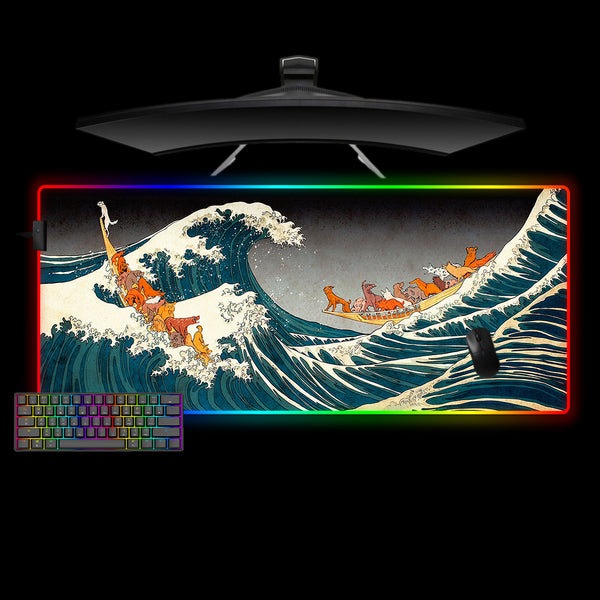 The Great Wave Dogs Design XL Size RGB Lighting Gaming Mouse Pad, Computer Desk Mat