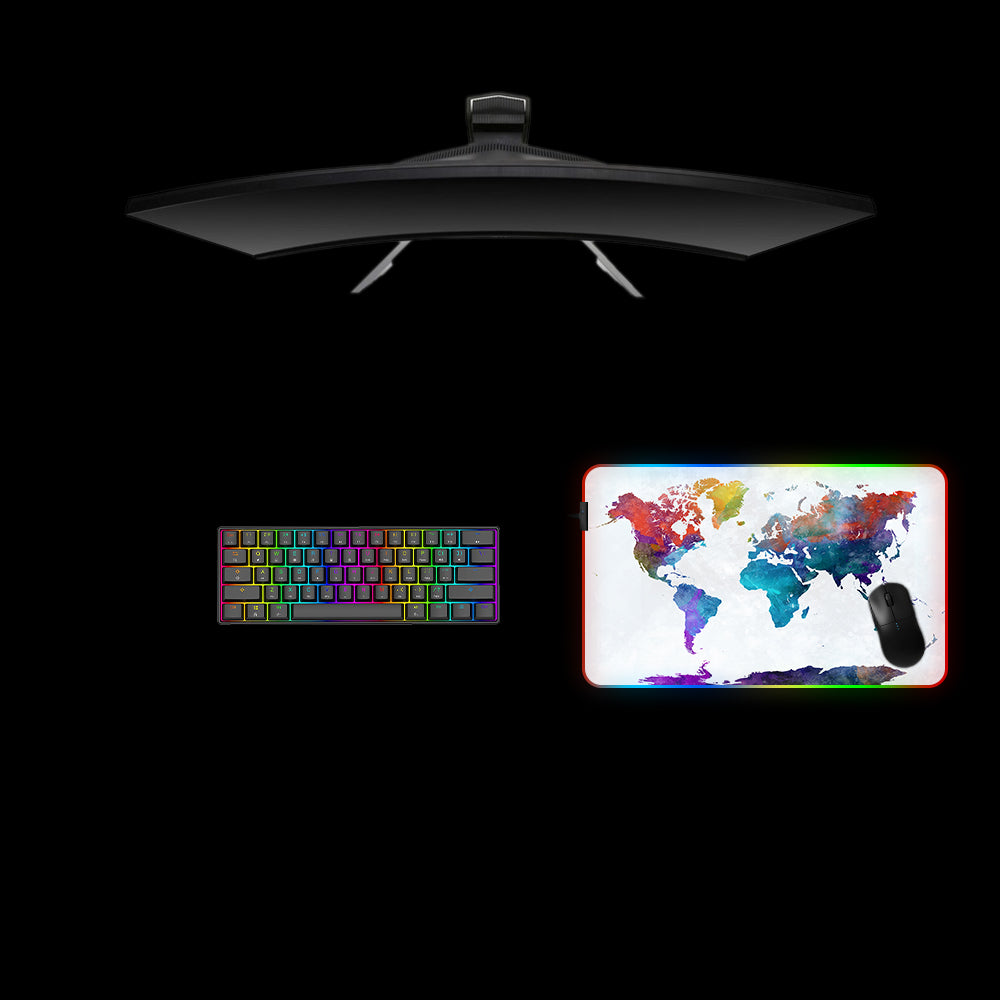 Watercolor World Map Design Medium Size RGB Illuminated Gaming Mouse Pad, Computer Desk Mat