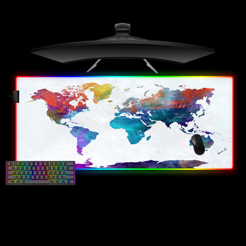 Watercolor World Map Design XL Size RGB Illuminated Gaming Mouse Pad, Computer Desk Mat