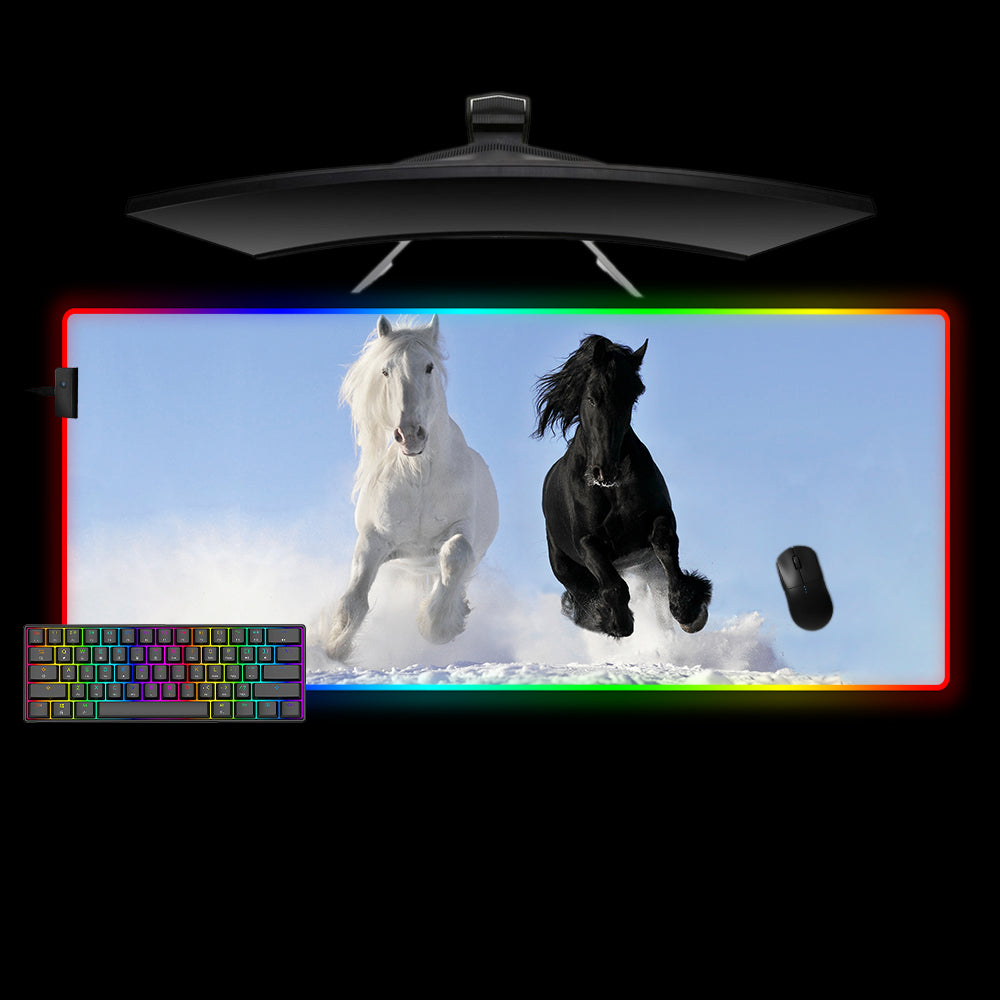 White & Black Horses Design M-XXL Size RGB Gaming Desk Pad
