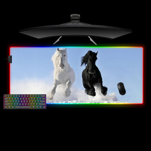 White & Black Horses Design Large Size RGB Illuminated Gaming Mouse Pad, Computer Desk Mat