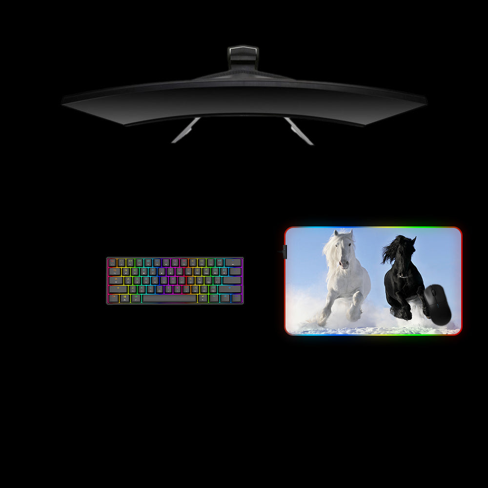 White & Black Horses Design Medium Size RGB Illuminated Gaming Mouse Pad, Computer Desk Mat