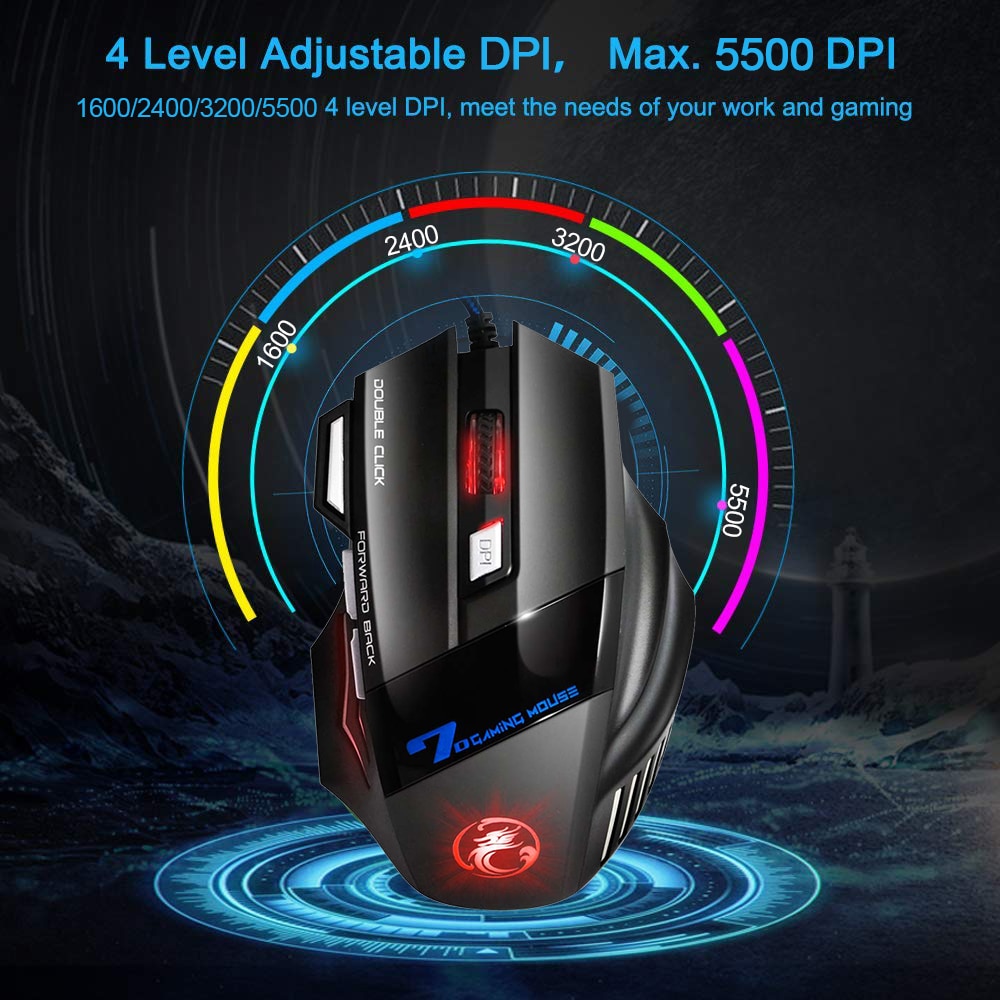Wired Gaming Mouse 7 Button RGB LED 5500 DPI Silent Click