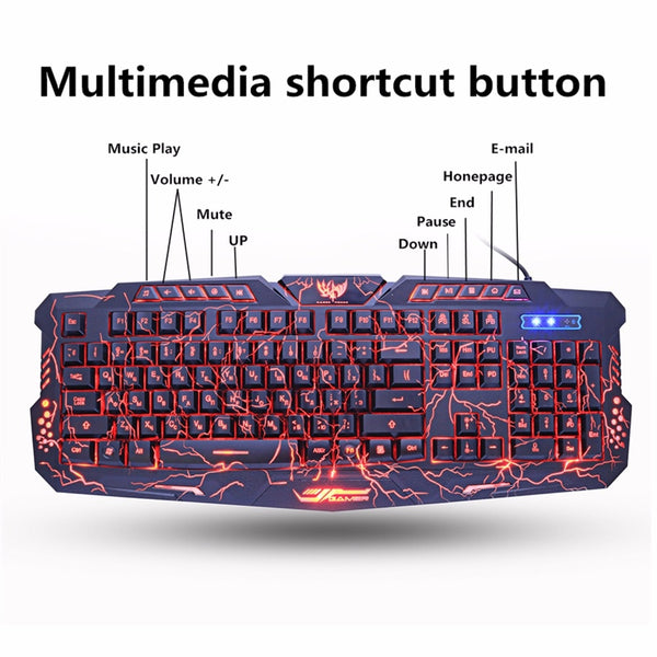 Backlit Crack Design Gaming Keyboard USB Wired 3 Color Breathing LED Lights, English/Russian Layout