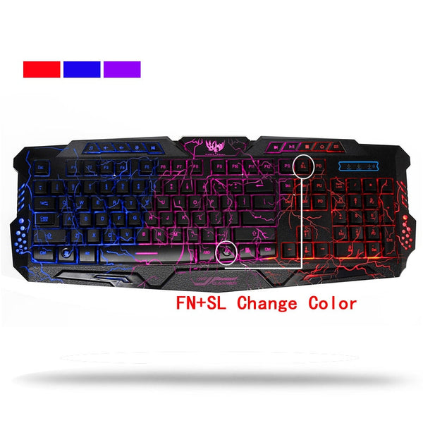 Backlit Crack Design Gaming Keyboard USB Wired 3 Color Breathing LED Lights, English/Russian Layout