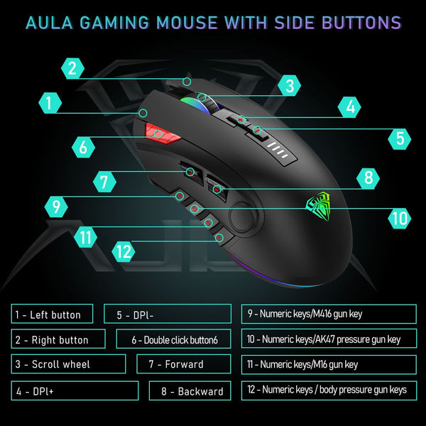 Aula Wired RGB Gaming Mouse with 12 Programmable Buttons, Fire Key, 5000DPI Optical, Adjustable Weight
