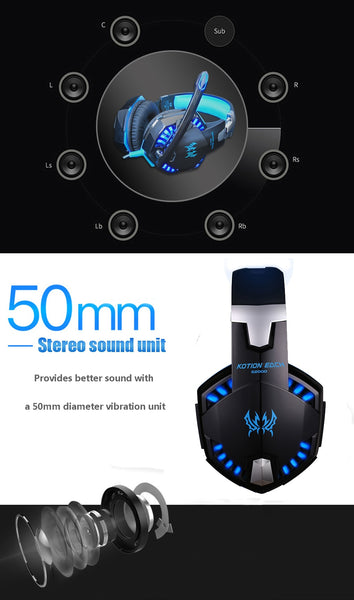 Wired Gaming Headset Surround Sound Deep Bass Stereo Headphones with Microphone - Blue, Red, Orange Color with Matching LED