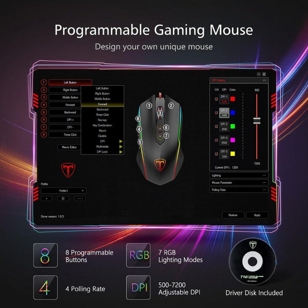 RGB Wired FPS Gaming Mouse with Dedicated Rapid Fire Key, 8 Buttons, 7200 DPI - Customizable