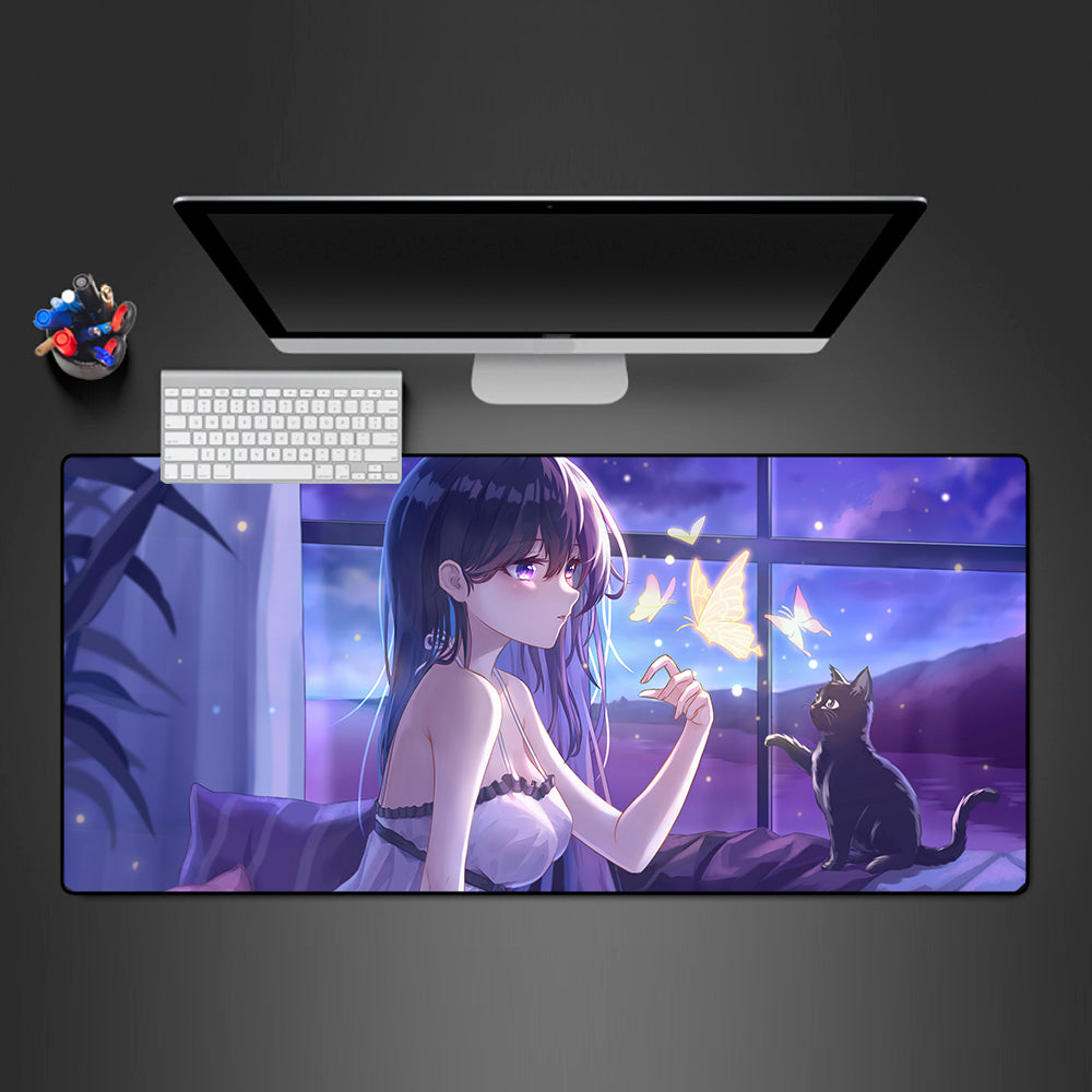 Anime Girl, Butterflies, Cat Design XL Size Gaming Mousepad
